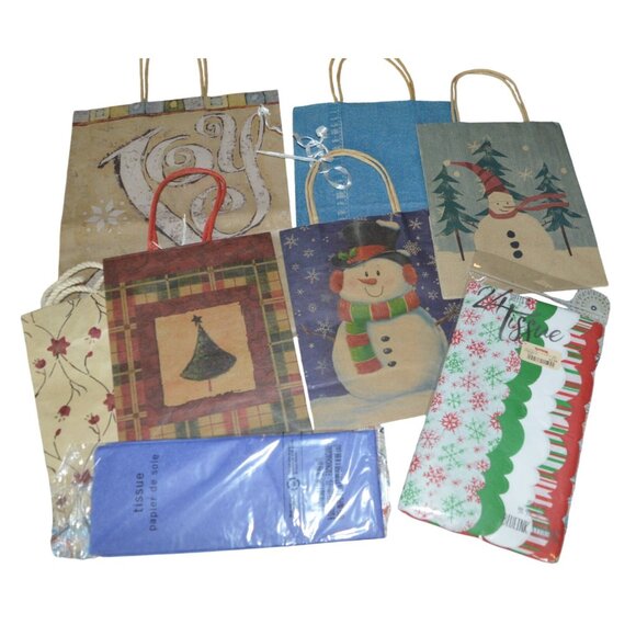 Retro Kraft Paper Christmas Holiday Gift Bag Tissue Party Bundle 8 Pieces - Picture 1 of 4